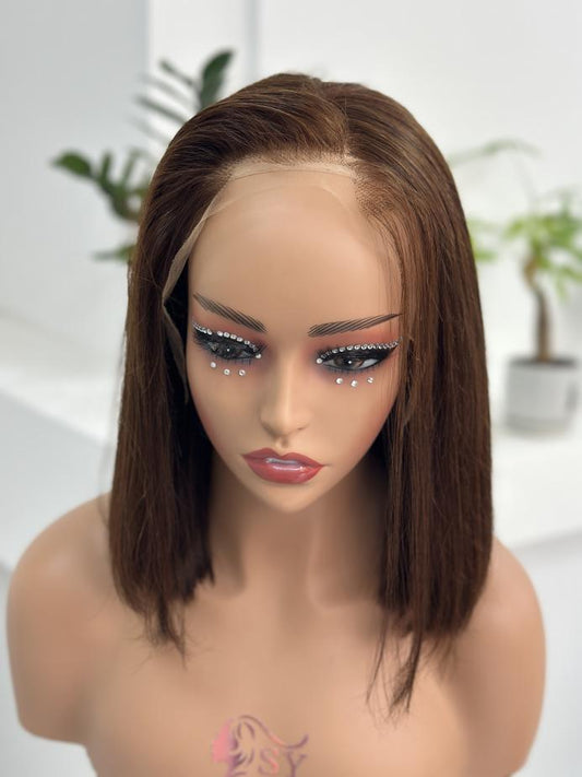 Front view of UNices Hair 10 inch 13x4 HD lace straight bob wig in brown