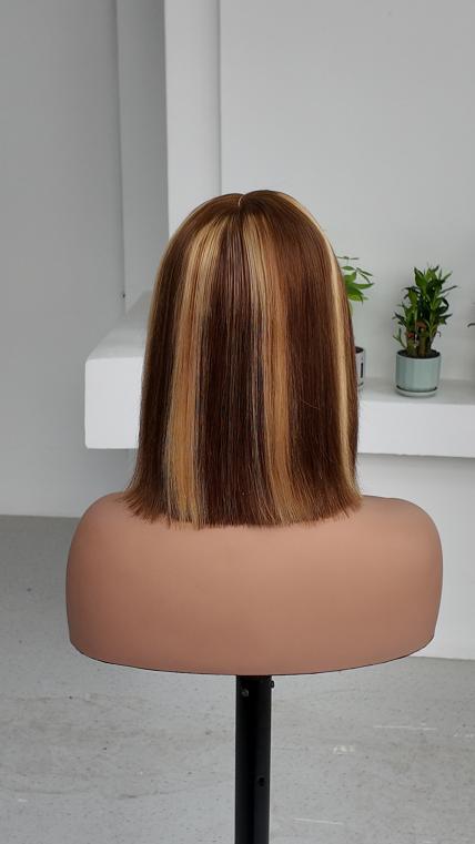 Back view of UNices Hair 10 inch brown bob with blonde highlight streaks human hair wig