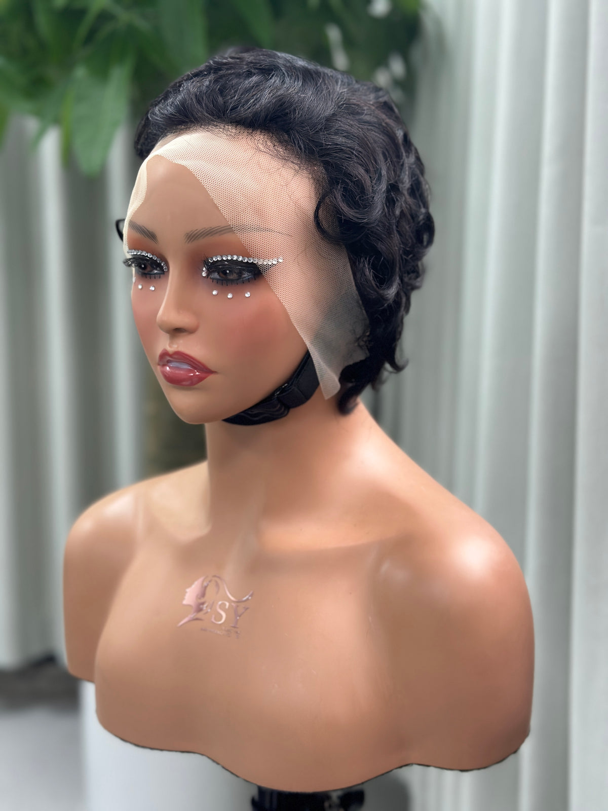 UNices Hair natural black 13x4 lace finger wave pixie wig front view