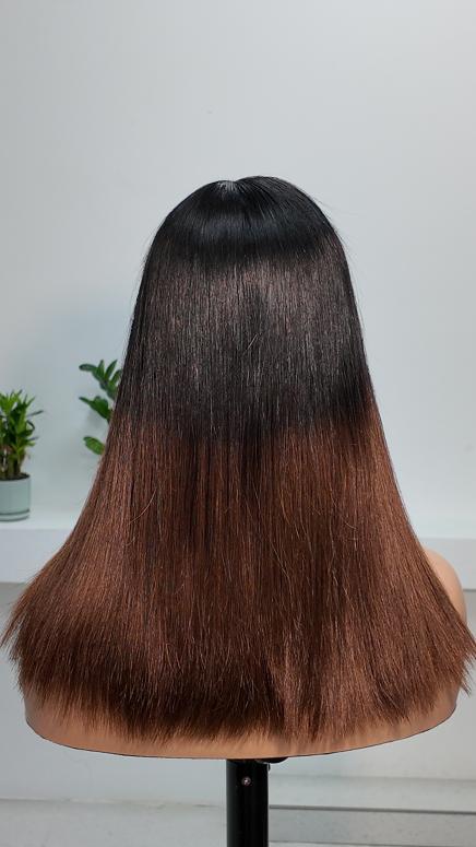 Back view of UNices Hair 14 inch 1x3 lace brown ombre straight human hair wig