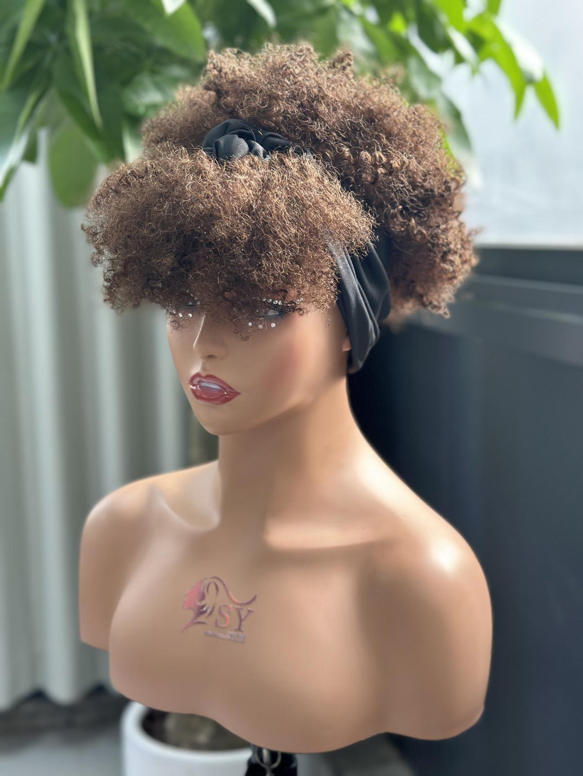UNices Hair Machine-Made Pixie Curly Headband Human Hair Wig – Chestnut Brown
