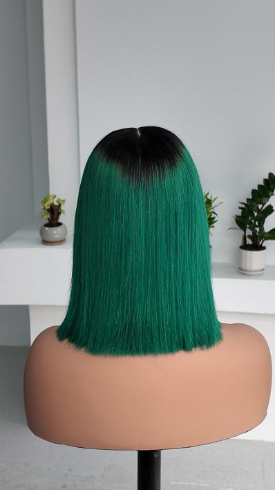 UNices Hair 10 inch black root green ombre 2x6 lace bob human hair wig back view