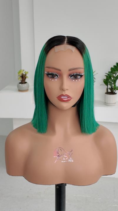 UNices Hair 10 inch black root green ombre 2x6 lace straight bob human hair wig front view