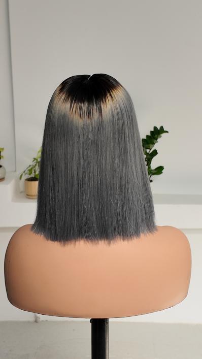 UNices Hair 10 inch black root silver gray 2x6 lace bob human hair wig back view