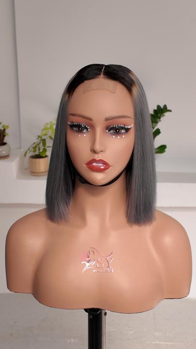 UNices Hair 10 inch black root silver gray 2x6 lace straight bob human hair wig front view