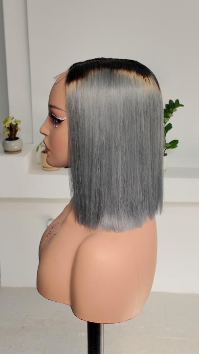 UNices Hair 10 inch silver gray straight bob human hair wig side view