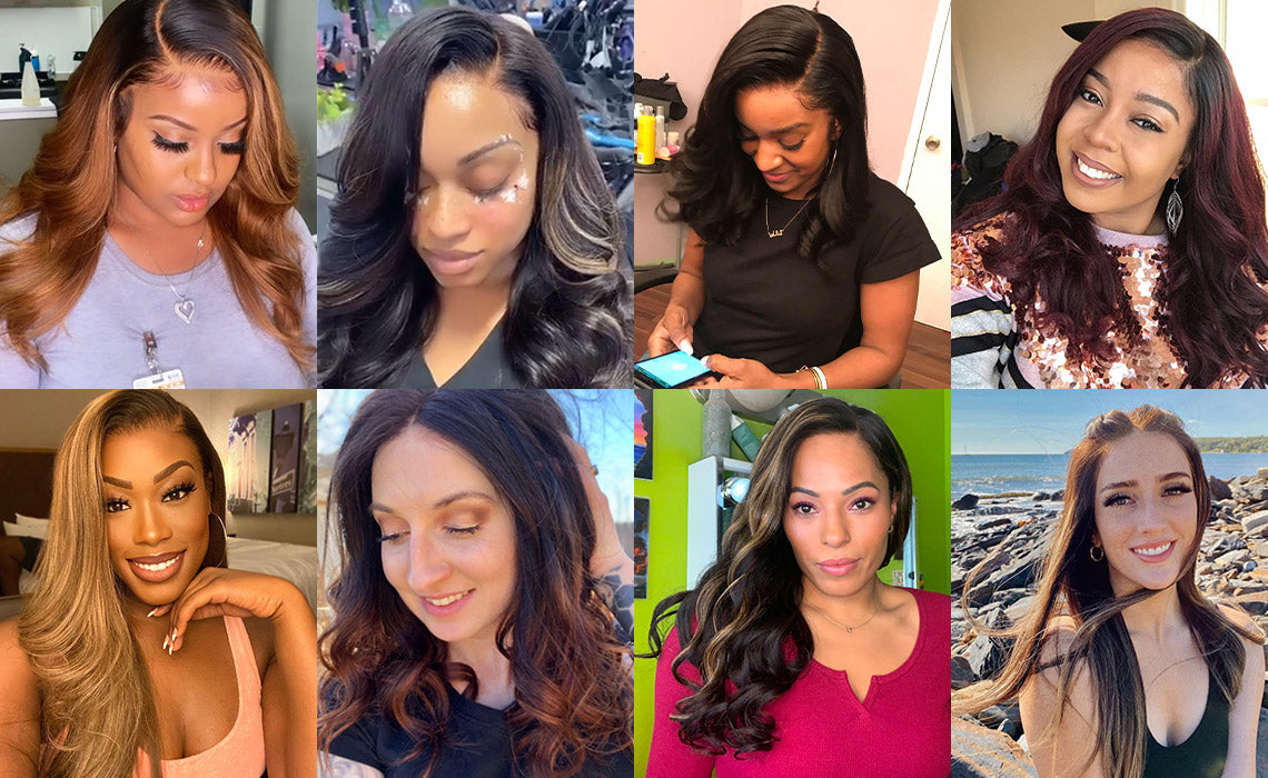 Customers wearing different human hair wig styles