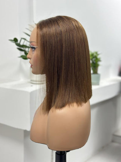 Side view of UNices Hair 10 inch brown straight bob human hair wig