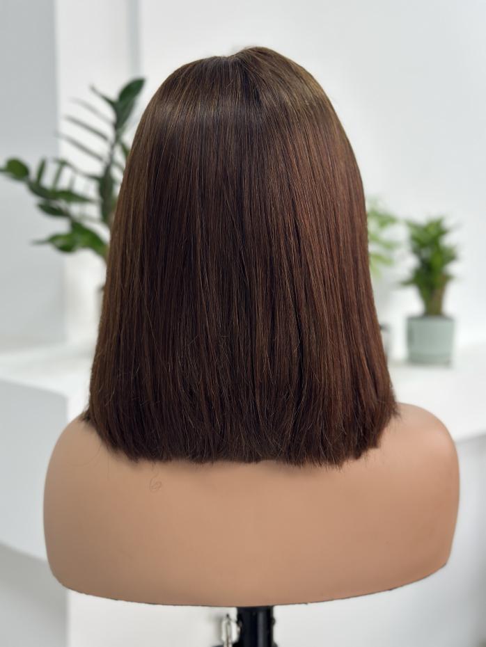 Back view of UNices Hair 10 inch 13x4 HD lace straight bob wig in brown
