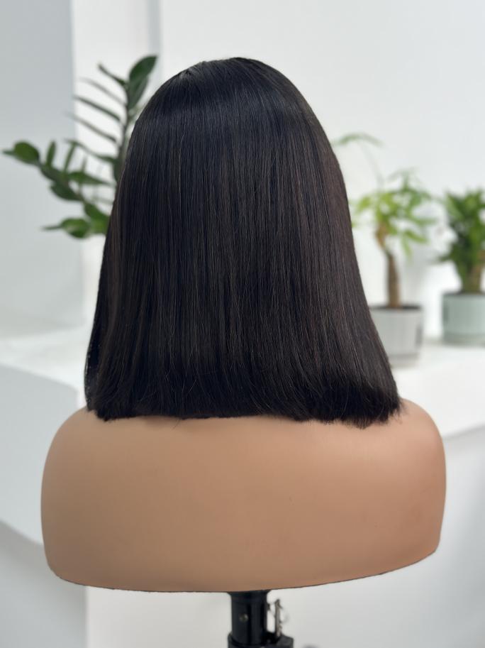 Back view of UNices Hair 10 inch 13x4 HD lace straight bob wig in natural black
