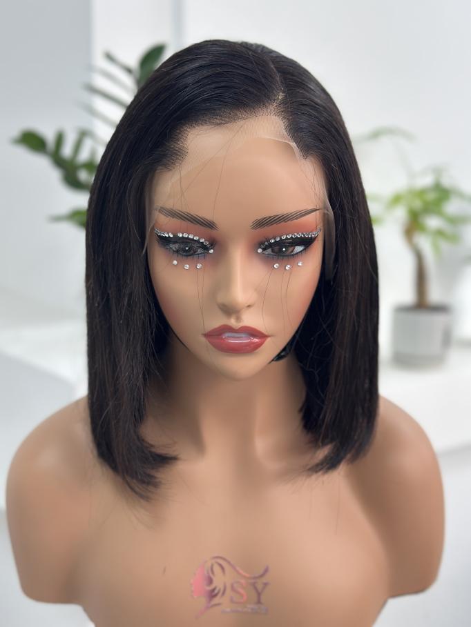 Front view of UNices Hair 10 inch 13x4 HD lace straight bob wig in natural black