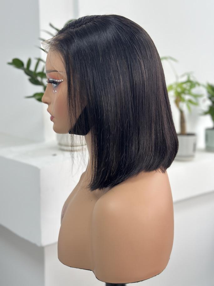 Side view of UNices Hair 10 inch straight bob wig in natural black