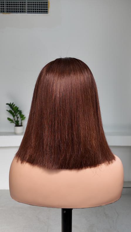Back view of UNices Hair 10 inch brown 13x4 lace straight bob human hair wig