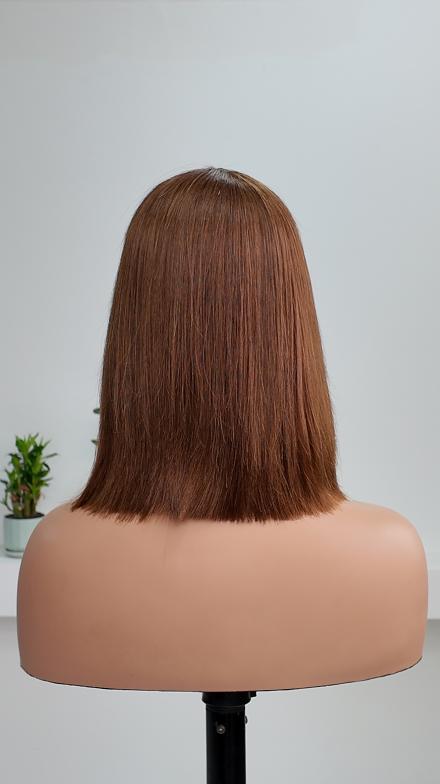Back view of UNices Hair 10 inch 1x3 lace brown straight bob human hair wig