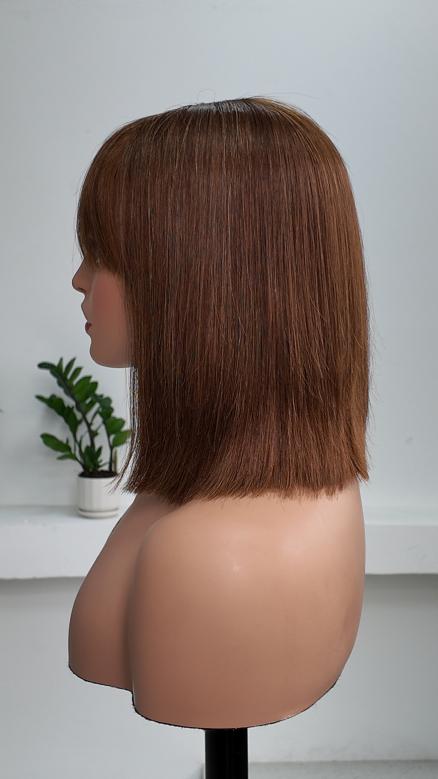 Side view of UNices Hair brown straight bob wig with bangs