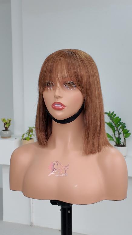 Front view of UNices Hair 10 inch brown straight bob human hair wig with bangs
