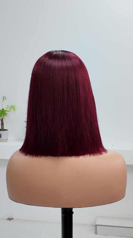 Back view of UNices Hair 10 inch 1x3 lace burgundy straight bob human hair wig