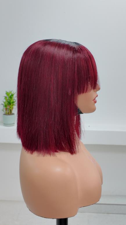 Side view of UNices Hair burgundy straight bob wig with bangs