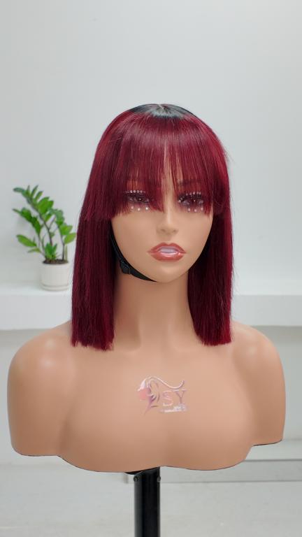 Front view of UNices Hair 10 inch burgundy straight bob human hair wig with bangs