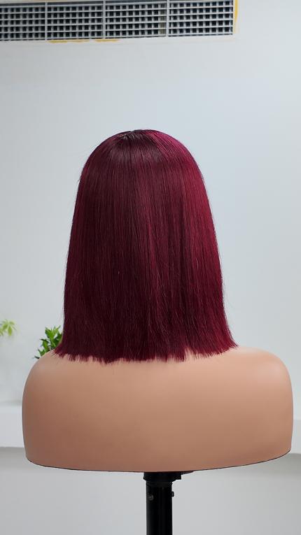Back view of UNices Hair 10 inch 1x3 lace burgundy red straight bob human hair wig