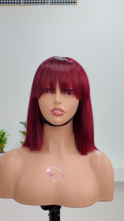 Front view of UNices Hair 10 inch burgundy red straight bob human hair wig with bangs