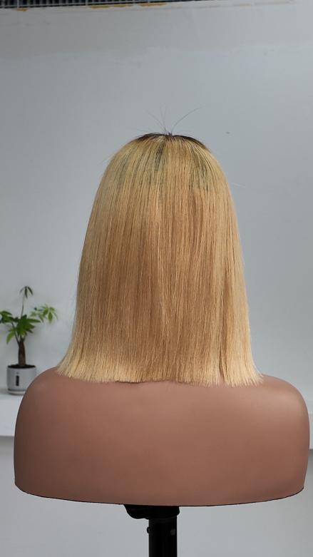 UNices Hair 10 Inch 1x3 Lace Dark Root Blonde Straight Bob Human Hair Wig with Bangs