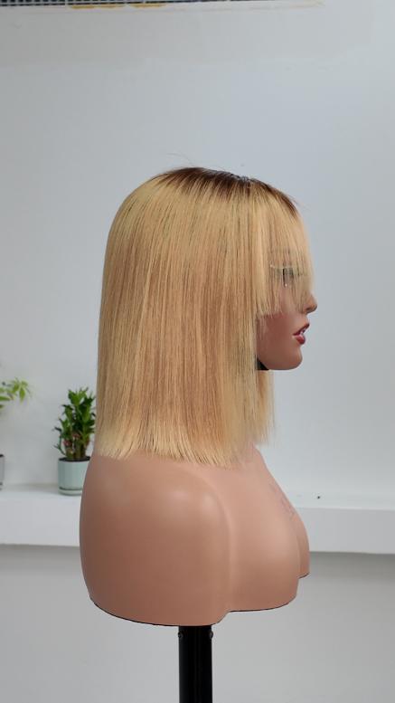 UNices Hair 10 Inch 1x3 Lace Dark Root Blonde Straight Bob Human Hair Wig with Bangs