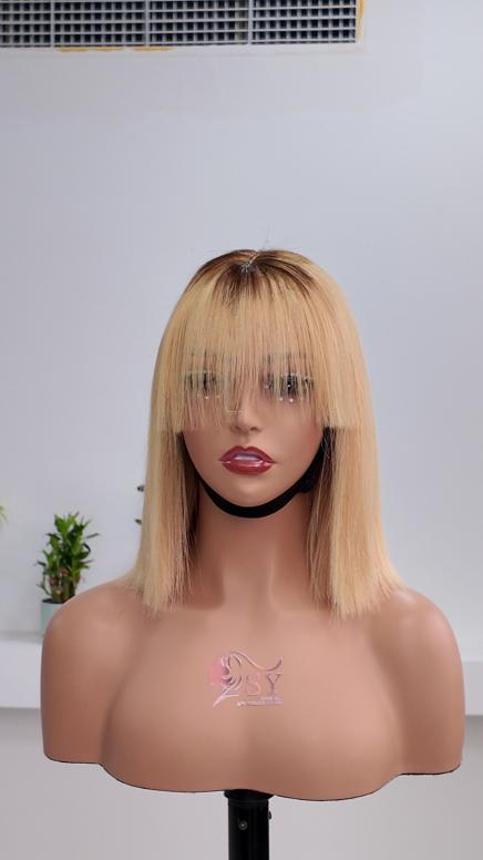 UNices Hair 10 Inch 1x3 Lace Dark Root Blonde Straight Bob Human Hair Wig with Bangs