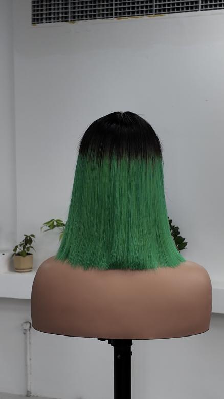 Back view of UNices Hair 10 inch 1x3 lace green ombre straight bob human hair wig