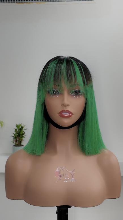 1x3 lace cap construction of UNices Hair green ombre bob human hair wig with adjustable straps
