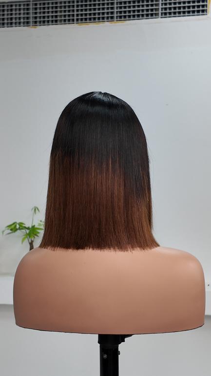 Back view of UNices Hair 10 inch 1x3 lace ombre straight bob human hair wig