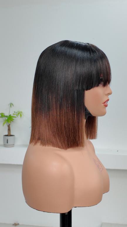 Side view of UNices Hair black brown ombre straight bob wig with bangs