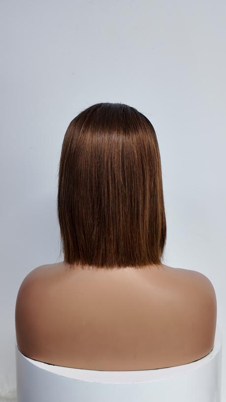 Back view of UNices Hair 10 inch black root brown straight bob human hair wig