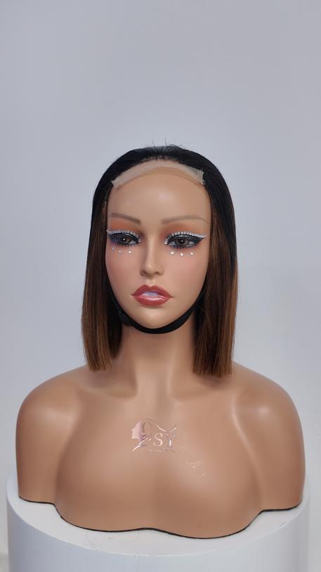 Front view of UNices Hair 10 inch black root brown lace front straight bob human hair wig