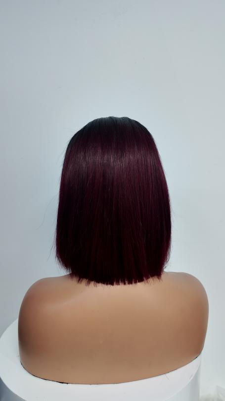 Back view of UNices Hair 10 inch black root burgundy straight bob human hair wig