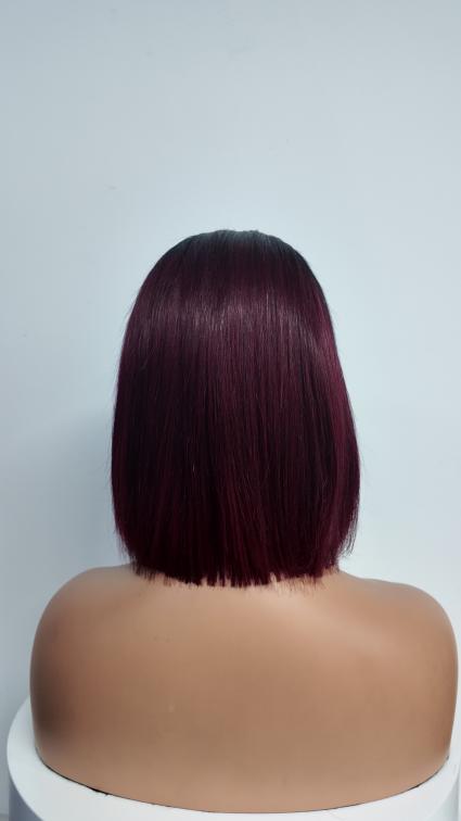 Back view of UNices Hair 10 inch black root burgundy straight bob human hair wig