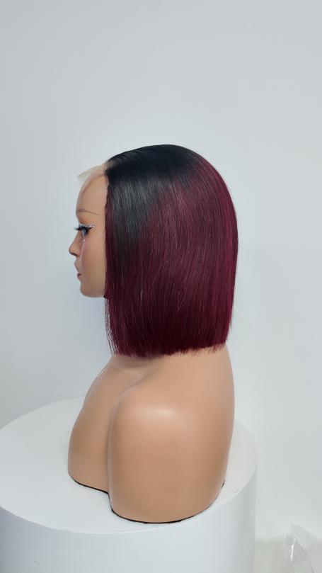 Side view of UNices Hair black root burgundy straight bob human hair wig