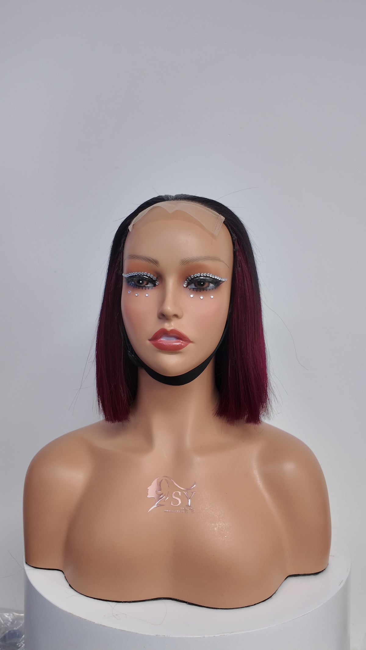 Front view of UNices Hair 10 inch black root burgundy lace front bob human hair wig