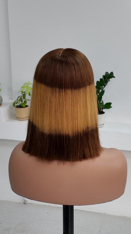 UNices Hair 10 inch brown blonde color block bob human hair wig back view