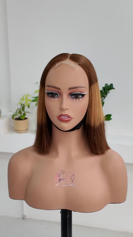 UNices Hair 10 inch brown blonde color block 2x6 lace human hair bob wig front view
