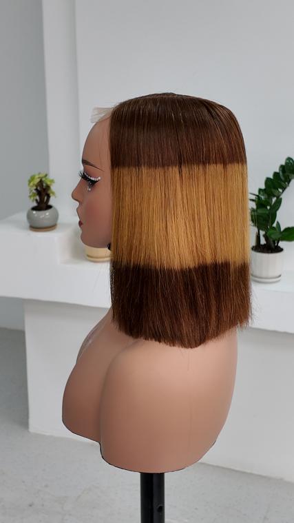 UNices Hair 10 inch brown blonde color block straight bob human hair wig side view
