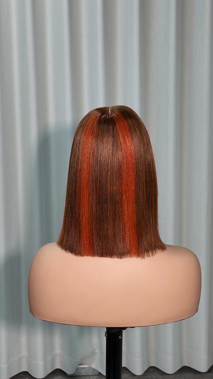 Back view of UNices Hair 10 inch brown bob with copper orange highlights human hair wig