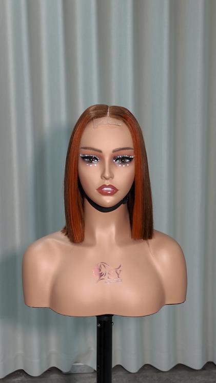 Front view of UNices Hair 10 inch brown bob with copper orange highlights 2x6 lace human hair wig