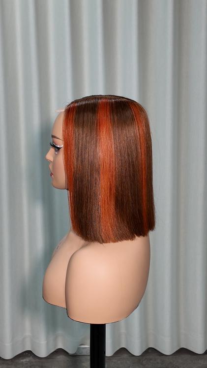 Side view of UNices Hair 10 inch brown bob with copper orange highlights human hair wig