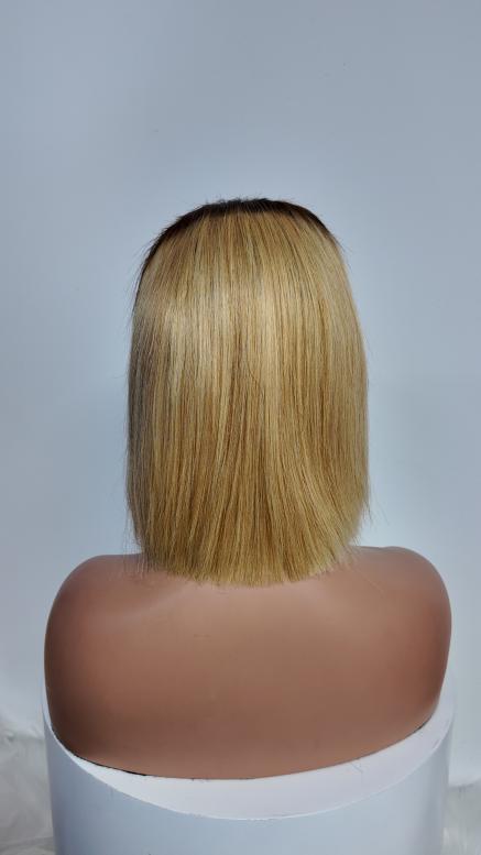 Back view of UNices Hair 10 inch brown root blonde straight bob human hair wig