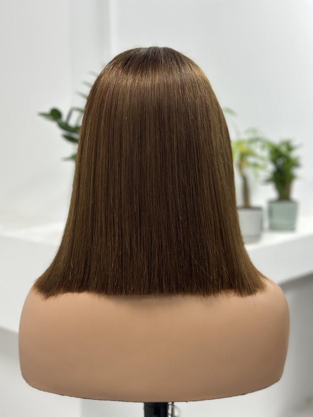 Back view of UNices Hair 10 inch brown straight bob human hair wig