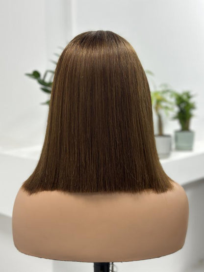 Back view of UNices Hair 10 inch brown straight bob human hair wig
