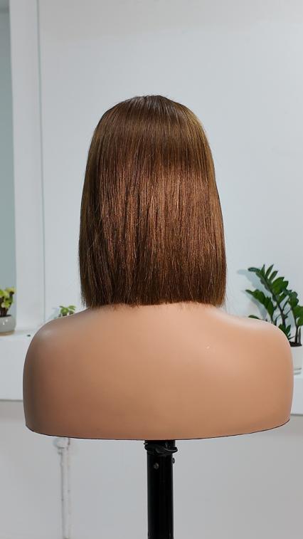 Back view of UNices Hair 10 inch brown straight bob human hair wig