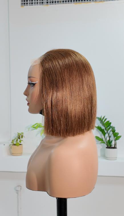 Side view of UNices Hair 10 inch brown straight bob human hair wig