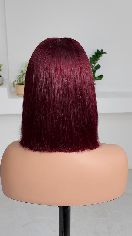 Back view of UNices Hair 10 inch burgundy red straight bob human hair wig